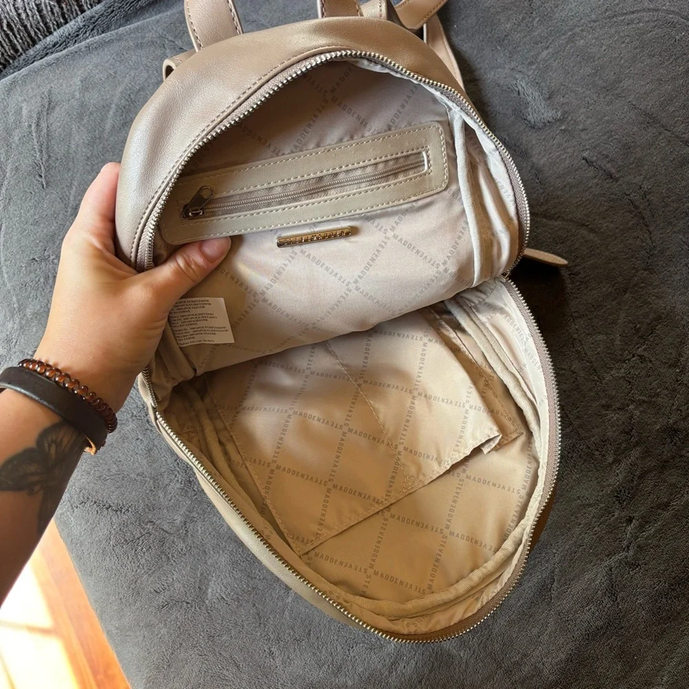 New Steve Madden Backpack Purse, Faux Leather, Silver Hardware, Taupe / Tan